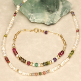 Multicolor Stone and Pearl Chunky Gold Filled Bracelet