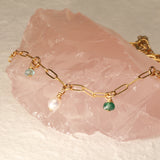 Pearl aquamarine and emerald drop stone Gold filled anklet