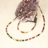Rainbow Multicolour Long Stone and Pearl Gold Filled Necklace