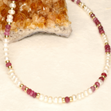 Pearl and Red Ombre Stone Long Gold Filled Necklace