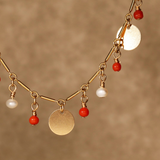 Semi precious coral and pearl hanging stones Gold filled necklace