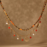 Semi precious coral and pearl hanging stones Gold filled necklace