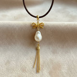 Pearl and Bows Tassel Cord Choker