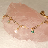 Pearl aquamarine and emerald drop stone anklet