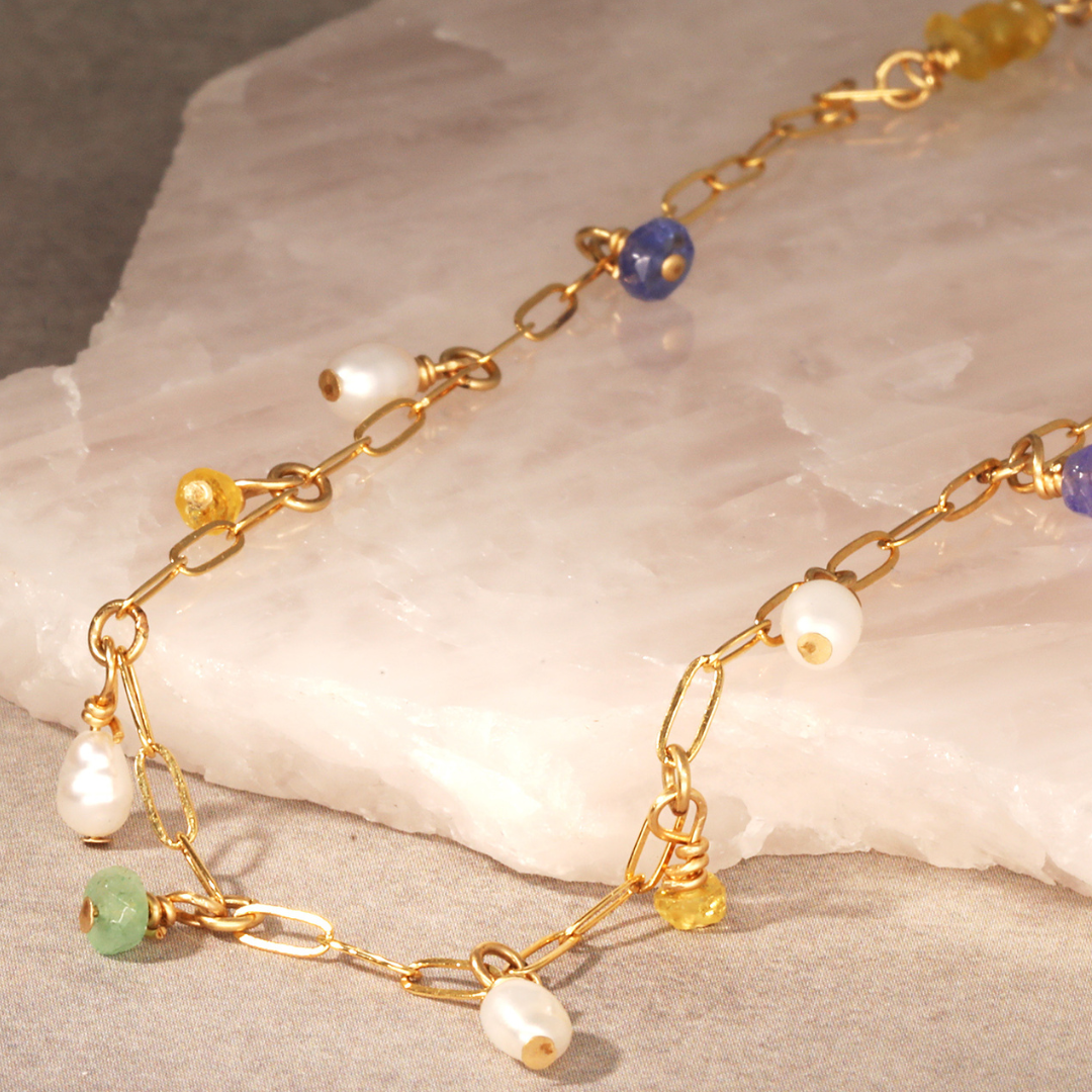 Pearl, Tanzanite and Peridot Hanging Stones Gold Filled Pearl, Tanzanite and Peridot Hanging Stones Gold Filled